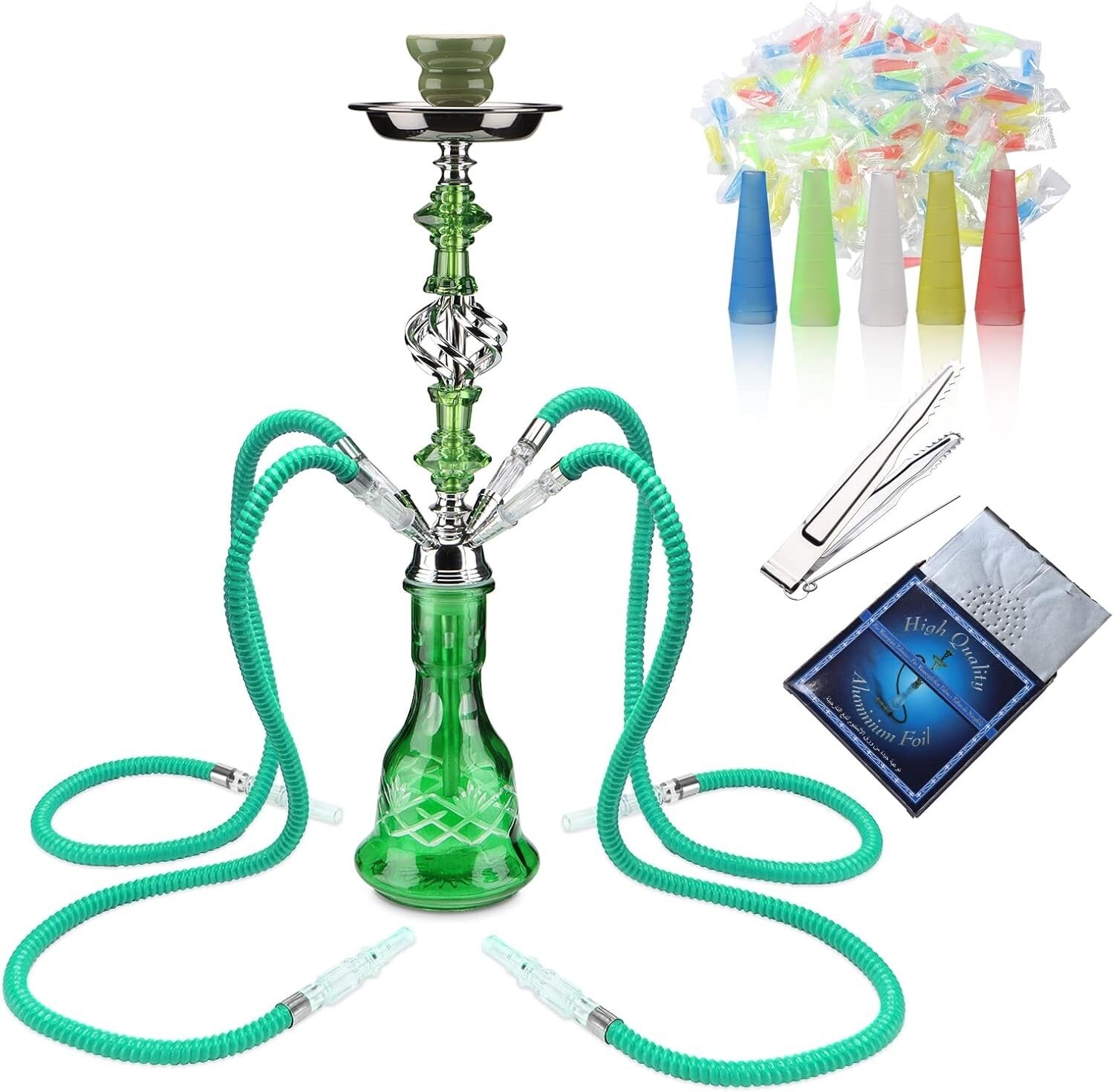 Elegant 22'' Premium Hookah Set - Glass Vase, Ceramic Bowl & Coal Tongs Included