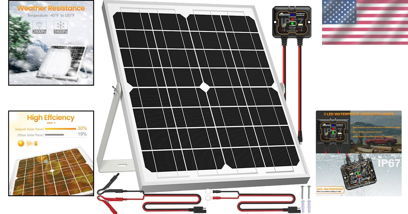 Portable 20W Solar Charger - Waterproof 12V Battery Maintainer for Every Vehicle