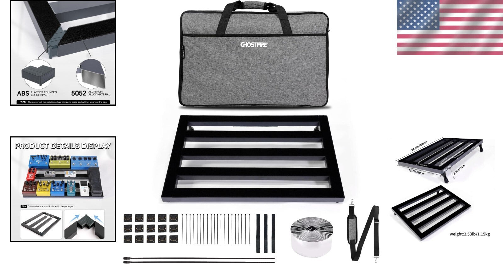 Ghost Fire Large Guitar Pedal Board - Lightweight, Durable with Side Pocket Bag