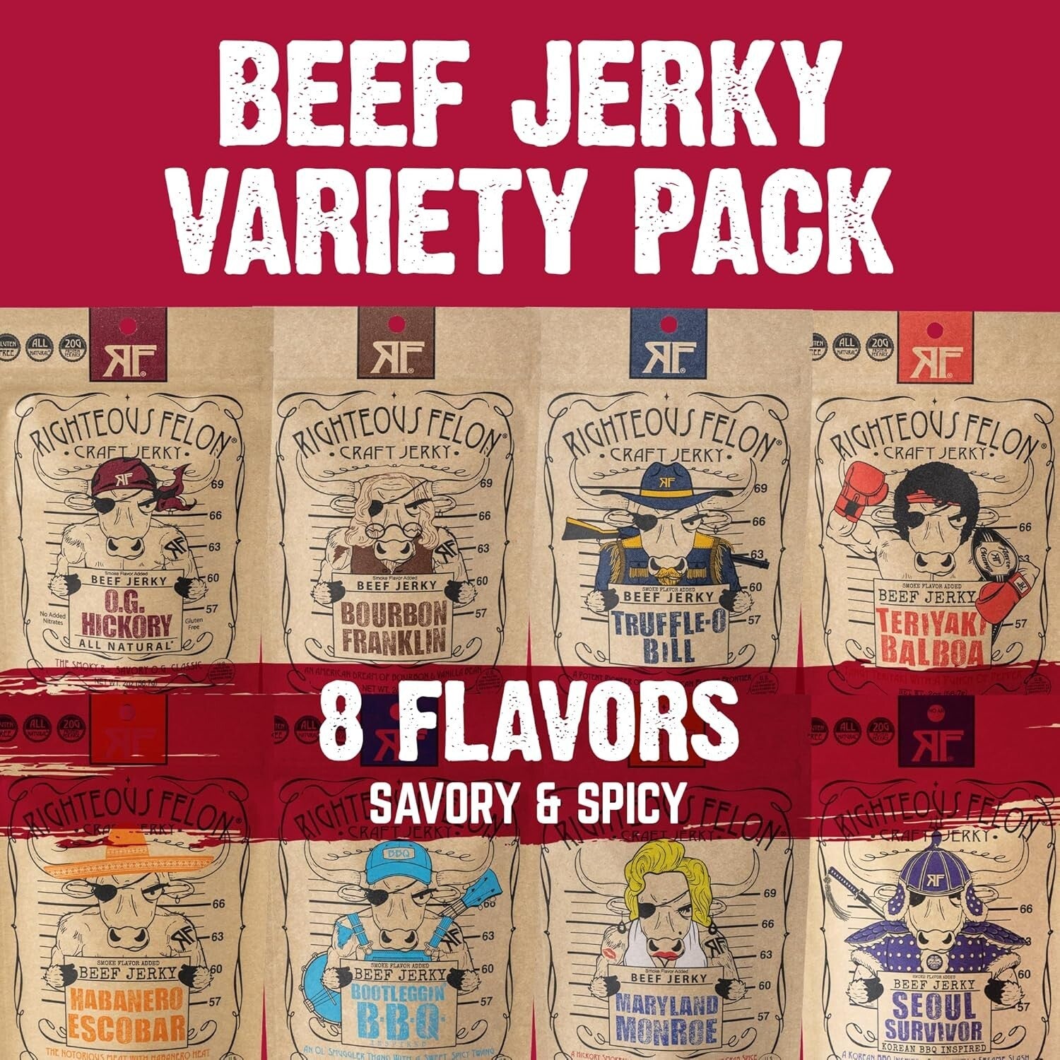 Beef Jerky Variety Pack - 8 Flavors, Gluten Free, High Protein & Keto-Friendly