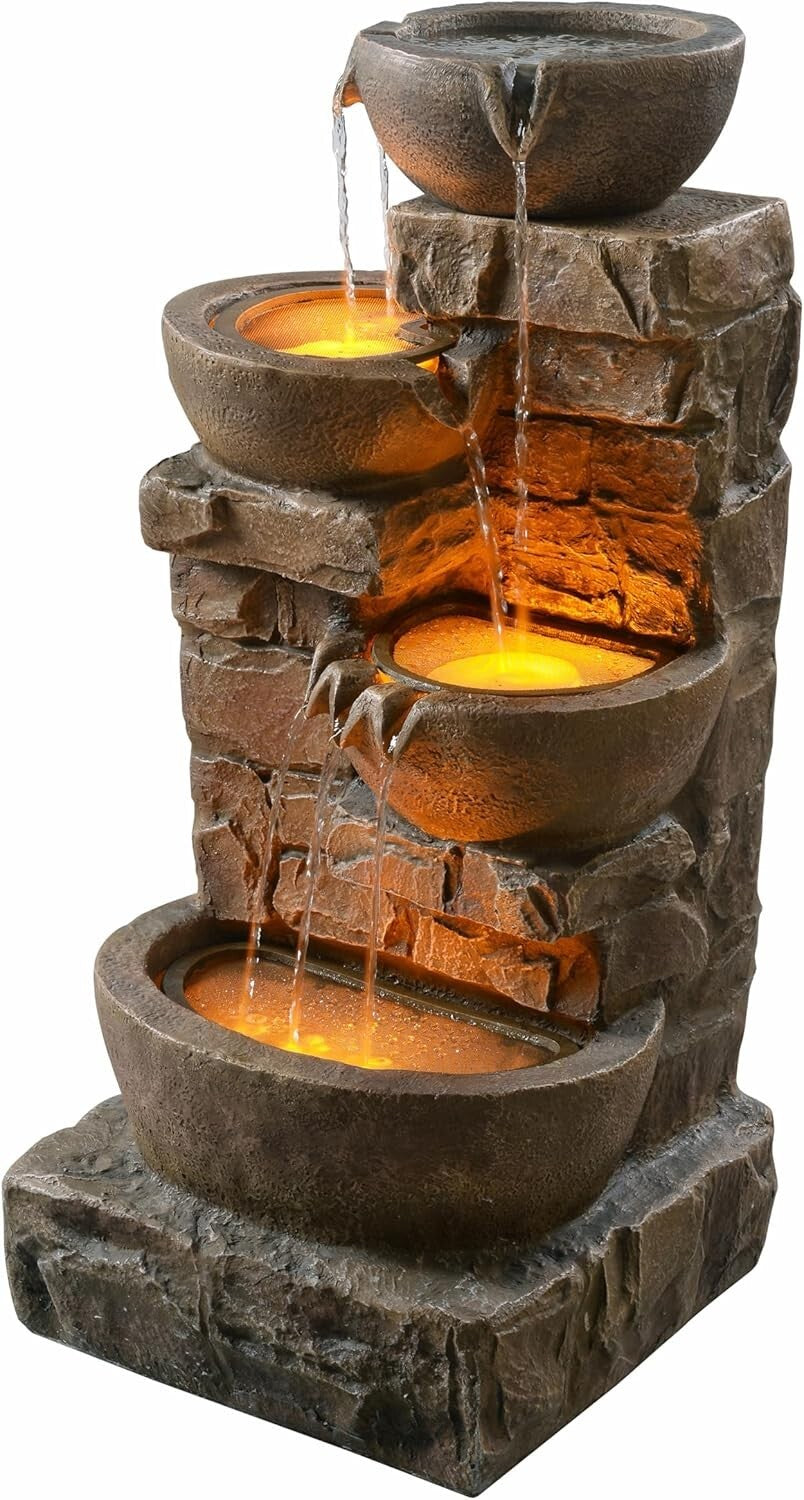5.51-Gallon Cascading Bowls Garden Fountain with LED Lights - Relaxing Ambiance