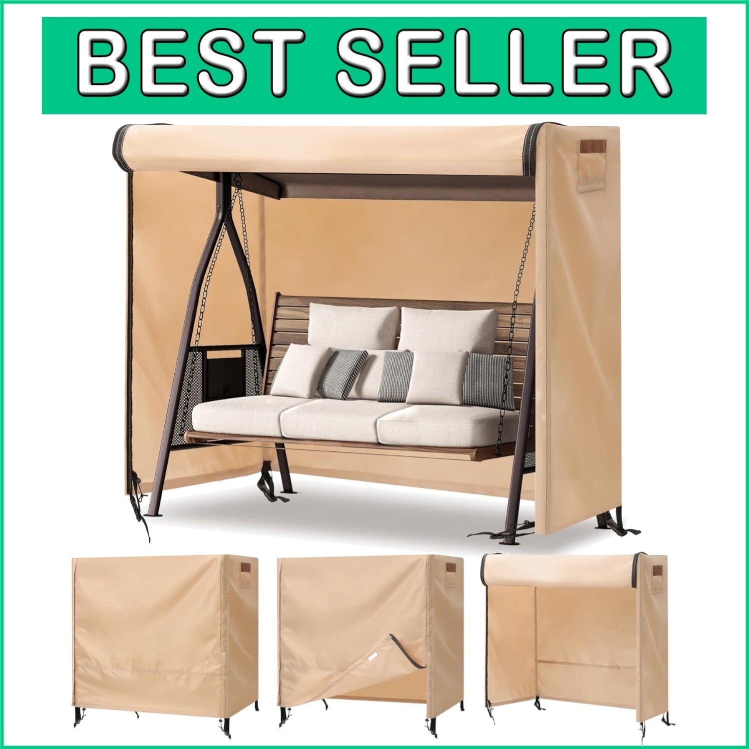 Elegant Beige Waterproof 3-Seat Swing Cover with UV Protection & Storage Bag