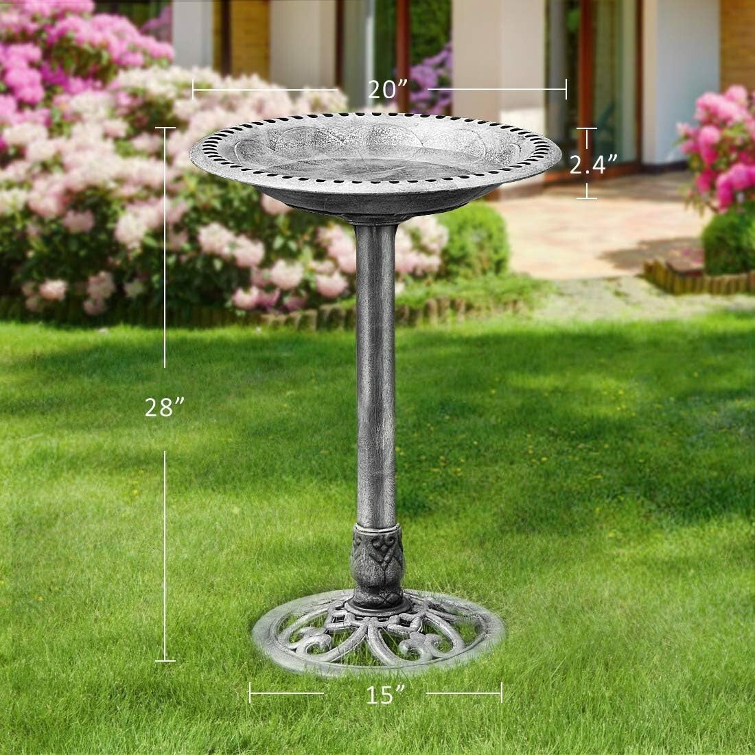 Durable 20-Inch Diameter Garden Bird Bath with Elegant Antique Design - Gray