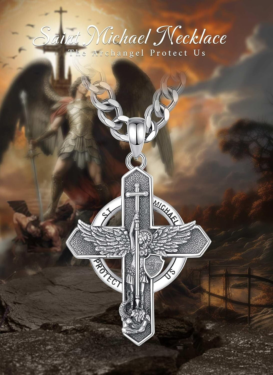 925 Sterling Silver St. Michael Cross Pendant with Cuban Chain - Spiritual Gift