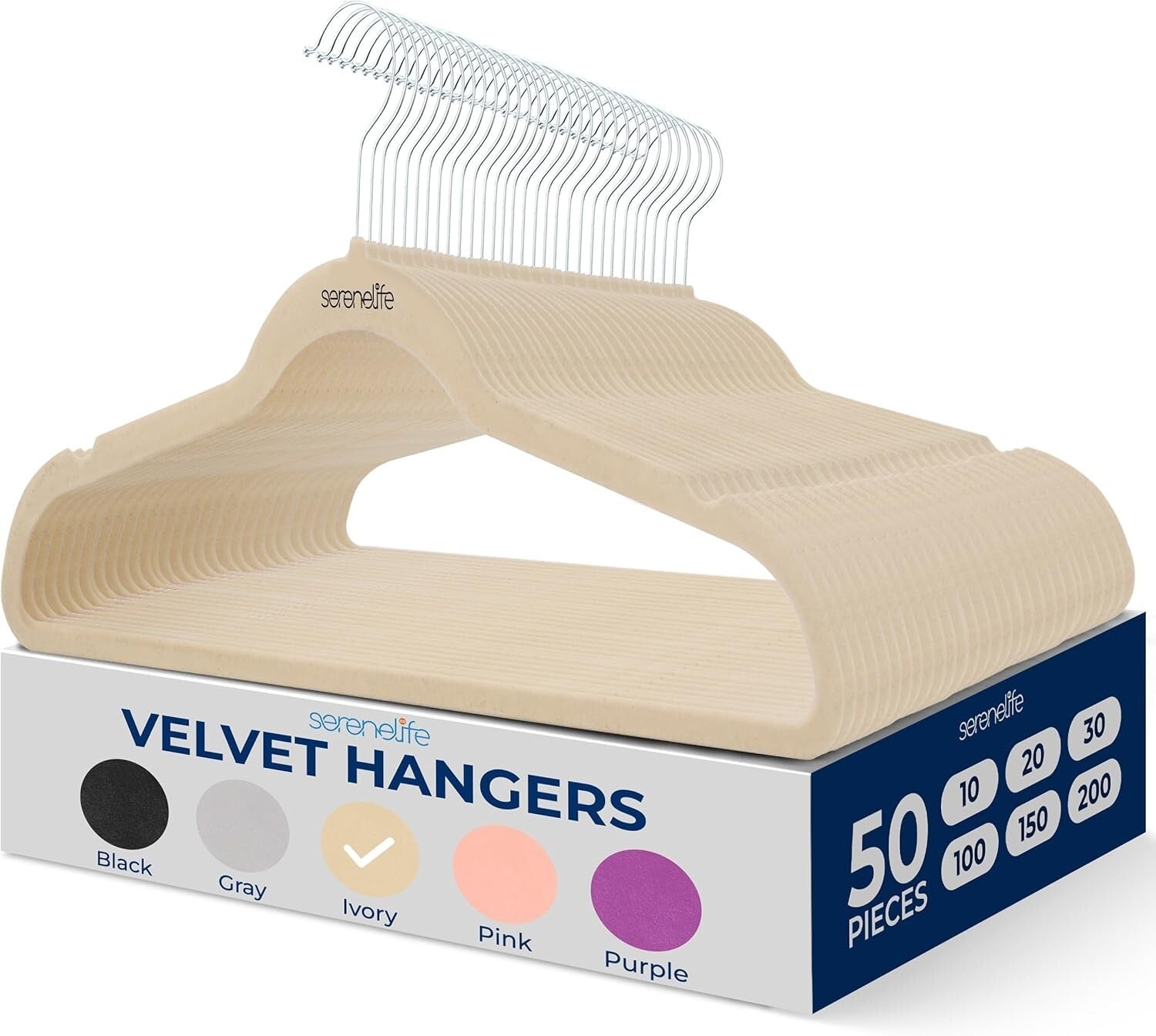 50 Pack Ivory Velvet Hangers - Non-Slip with 360° Swivel Hook - Space-Saving ...