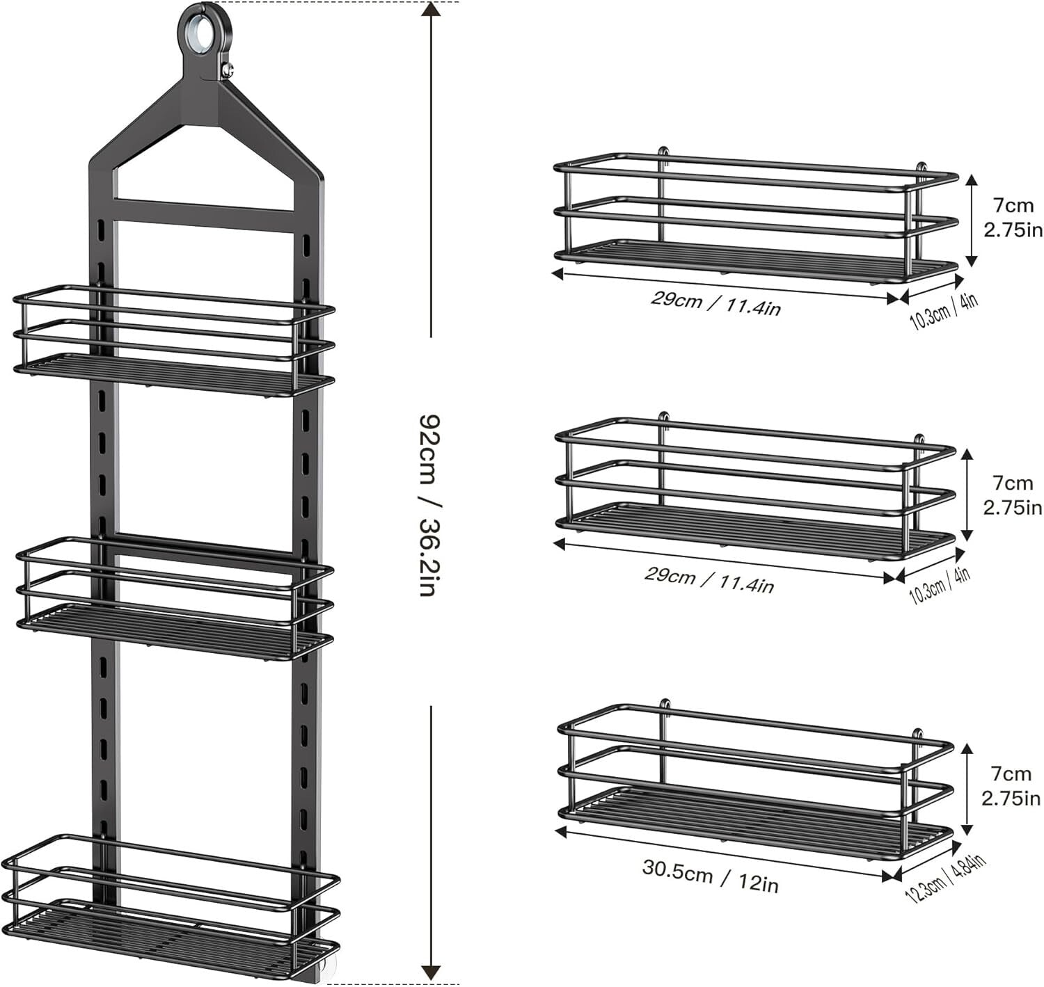 3-Tier Rust-Resistant Shower Caddy with Adjustable Shelves – Black Hanging Rack