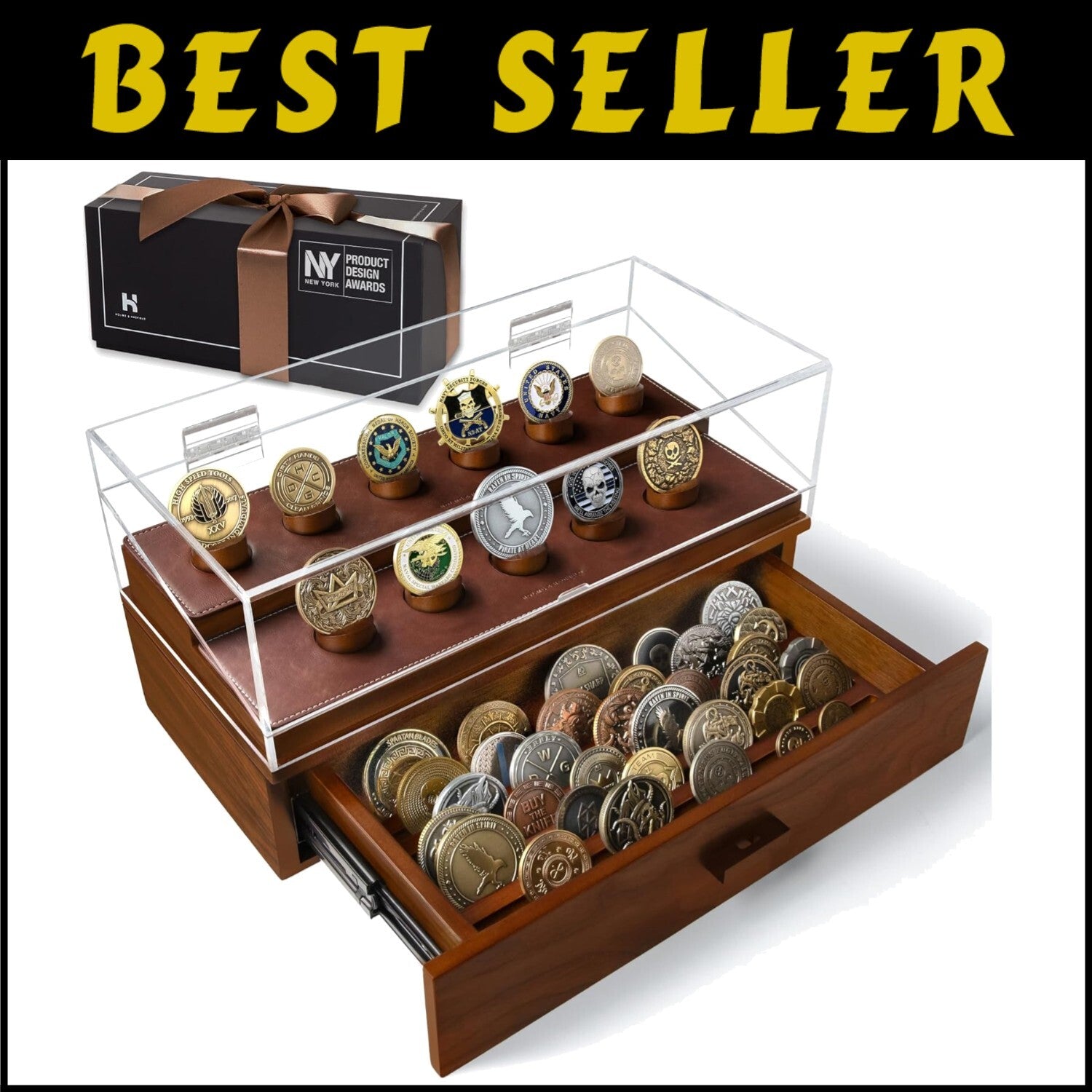Premium Walnut Coin Display Case for Collectors - Holds 50 Coins with Drawer