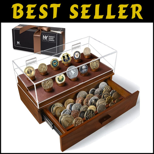Premium Walnut Coin Display Case for Collectors - Holds 50 Coins with Drawer