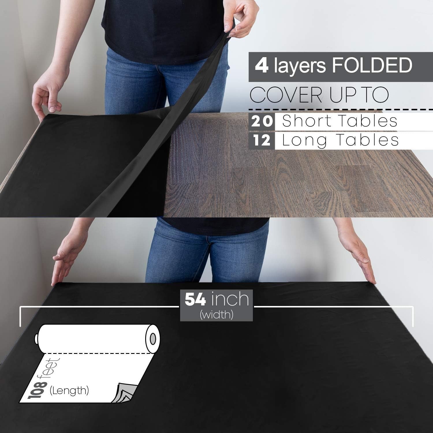 54in x 108ft Black Waterproof Disposable Tablecloth Roll for Elegant Events