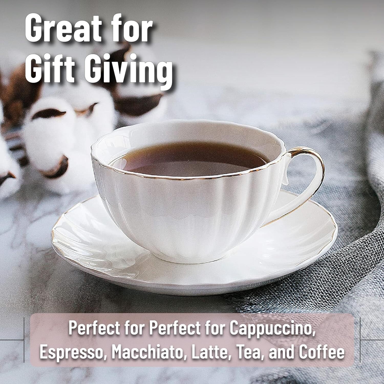 Premium 12-Cup Porcelain Tea Cup Set with Gold Accent - Perfect for Tea Lovers