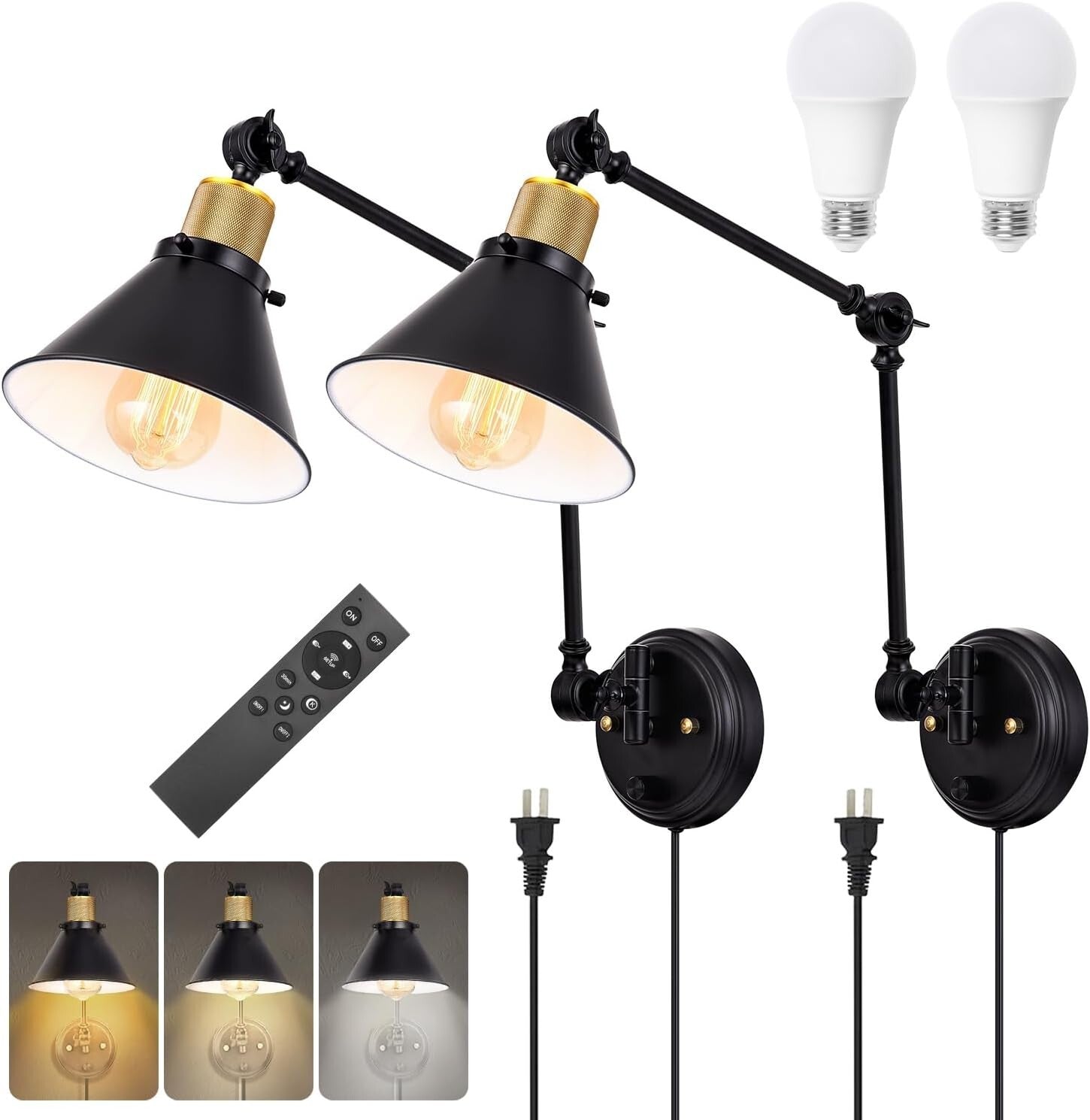 2-Pack Dimmable Wall Sconces with Adjustable Color & Remote - Black Metal Finish