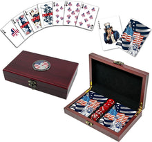 Load image into Gallery viewer, Unique American Flag Card Game Set with Dice and Wooden Box - Marine Vet Owned