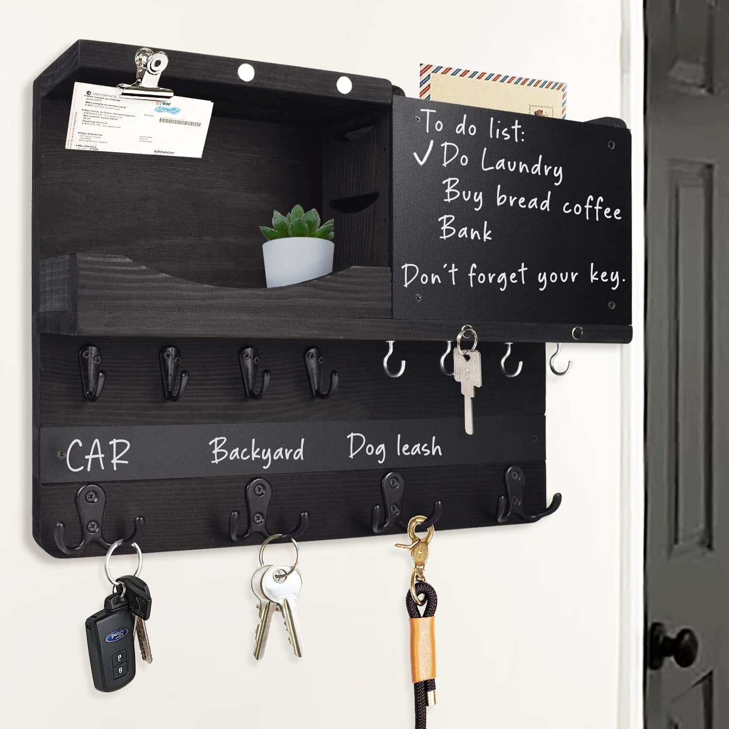 Antique Finish Key and Mail Holder with Chalkboard and Rustic Shelf Design