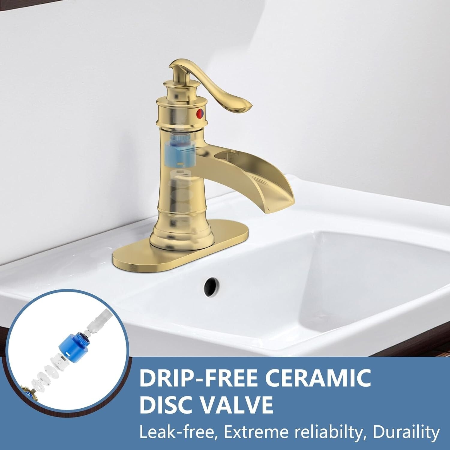 Brushed Gold Waterfall Sink Faucet - Durable Brass, Single Handle, All-Inclusive