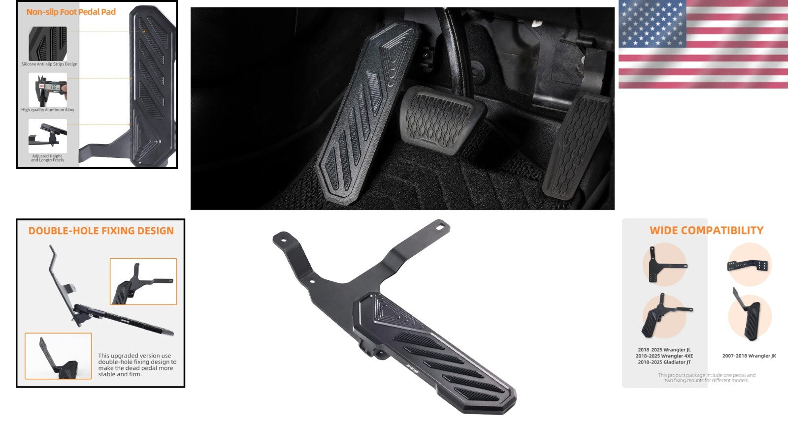 Premium Aluminum Dead Pedal for Jeep Wrangler JK JL 4xe - No Drill Installation