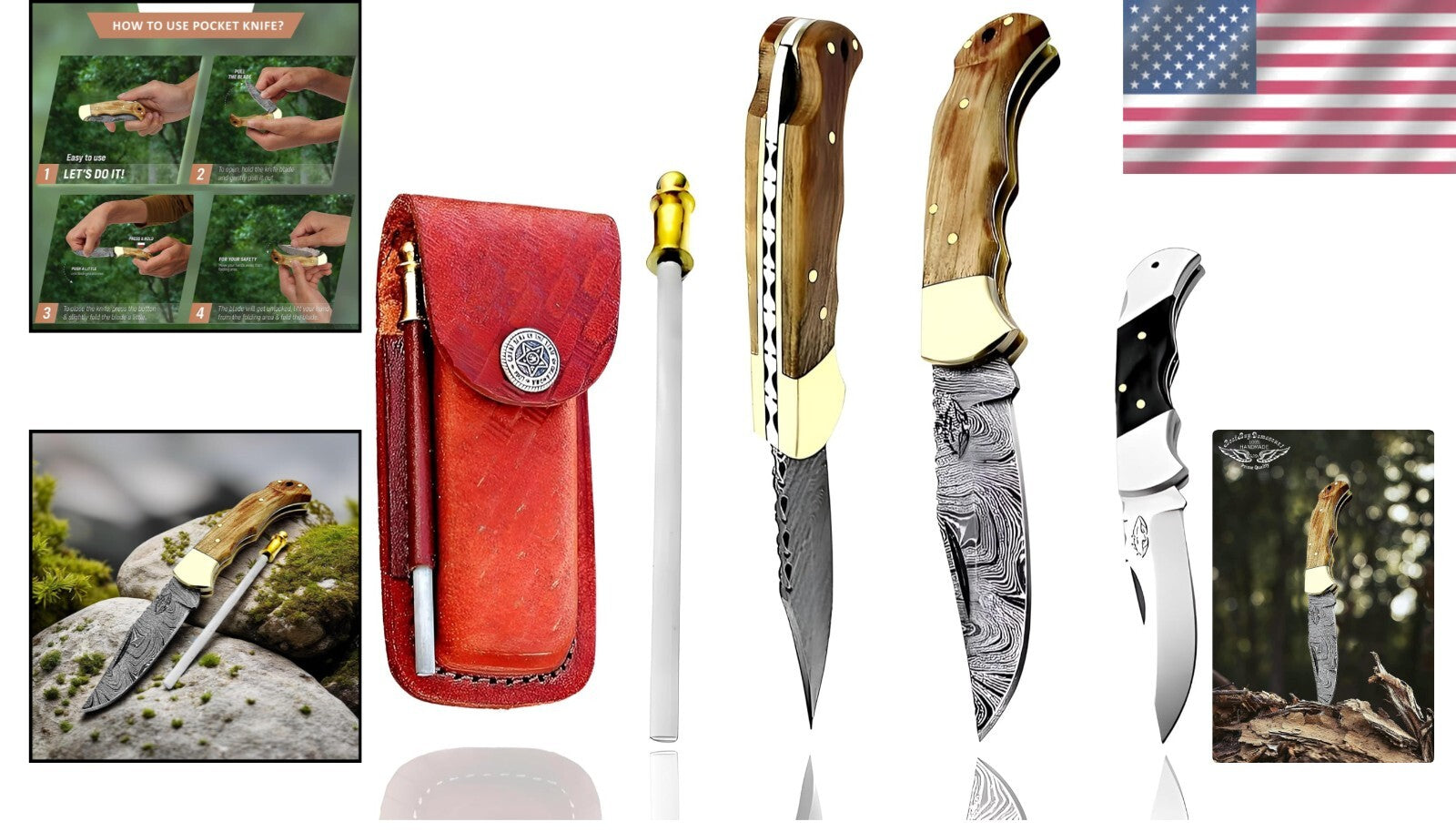 Handcrafted Damascus Steel Folding Knife with Leather Sheath - A Collector's Gem