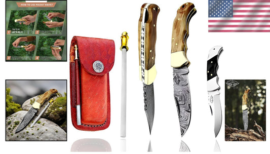 Handcrafted Damascus Steel Folding Knife with Leather Sheath - A Collector's Gem
