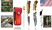 Load image into Gallery viewer, Handcrafted Damascus Steel Folding Knife with Leather Sheath - A Collector's Gem