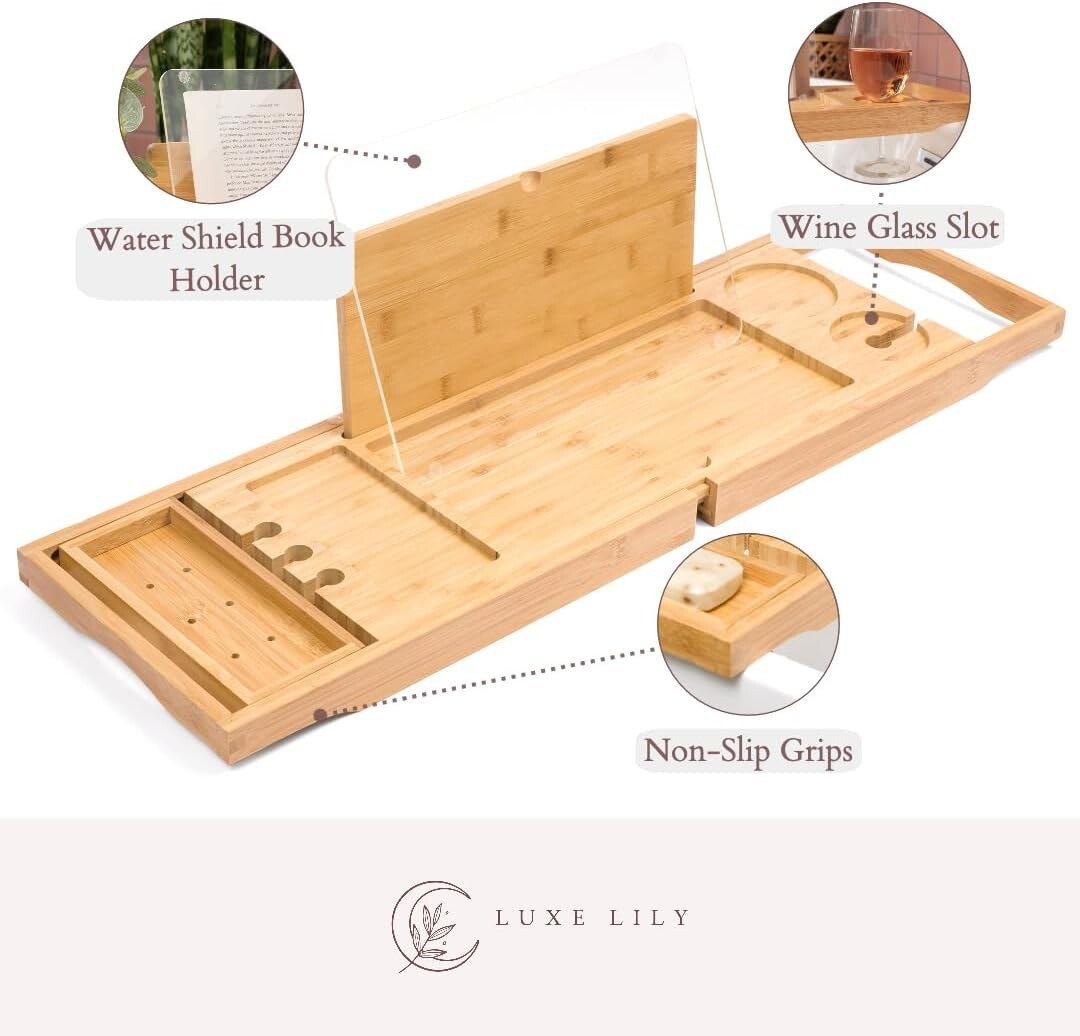 Extendable Waterproof Bamboo Bathtub Tray with Wine Glass Holder for Relaxation