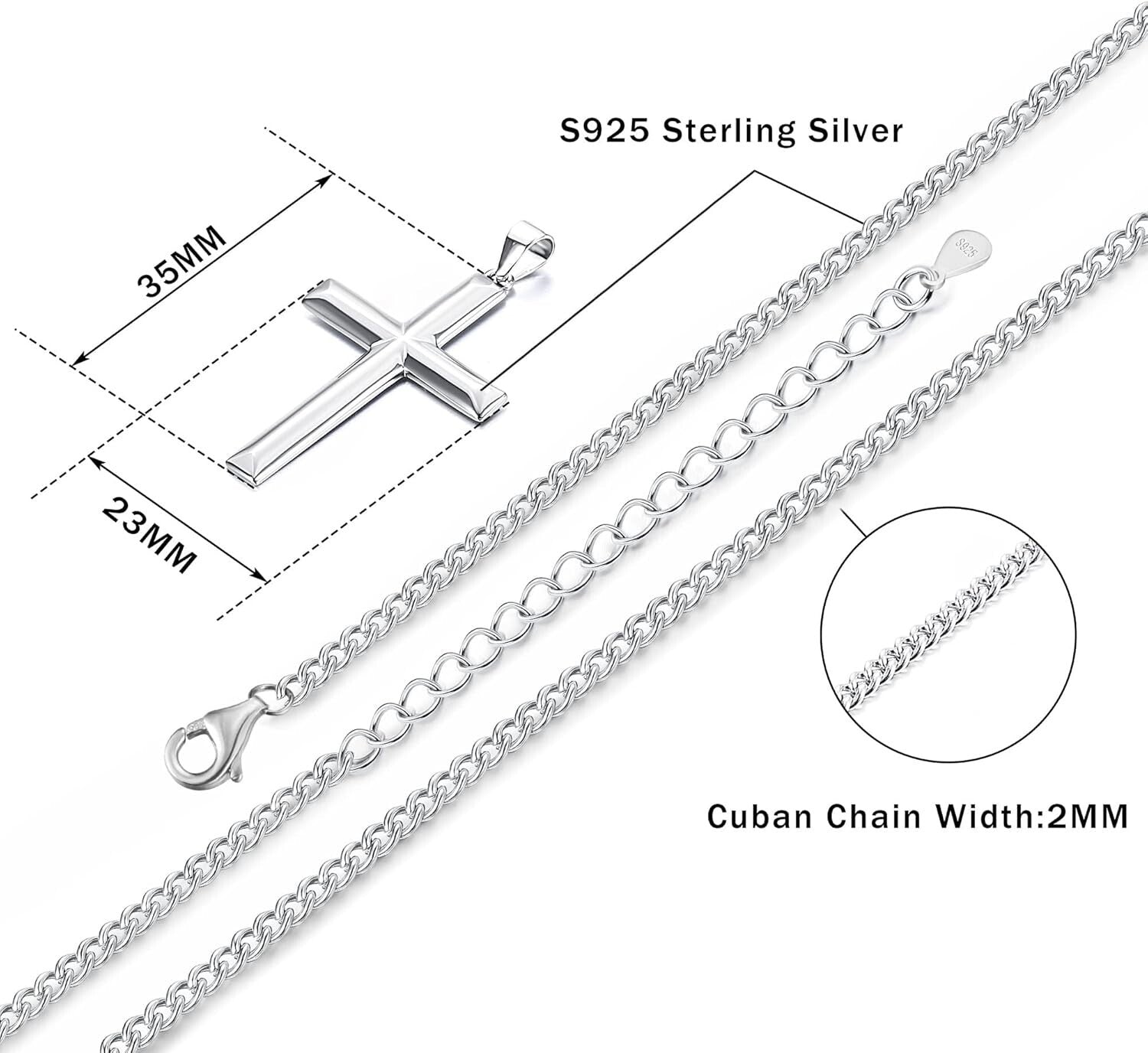 Durable 2mm Silver Cuban Link Cross Pendant Necklace for Men & Women, 16-24 Inch