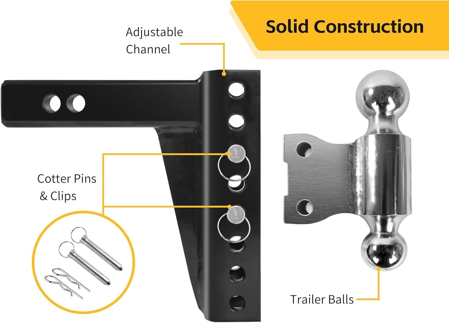 Adjustable Dual Ball Mount - 12,000 lbs Capacity for 2" Receiver, Dual Balls