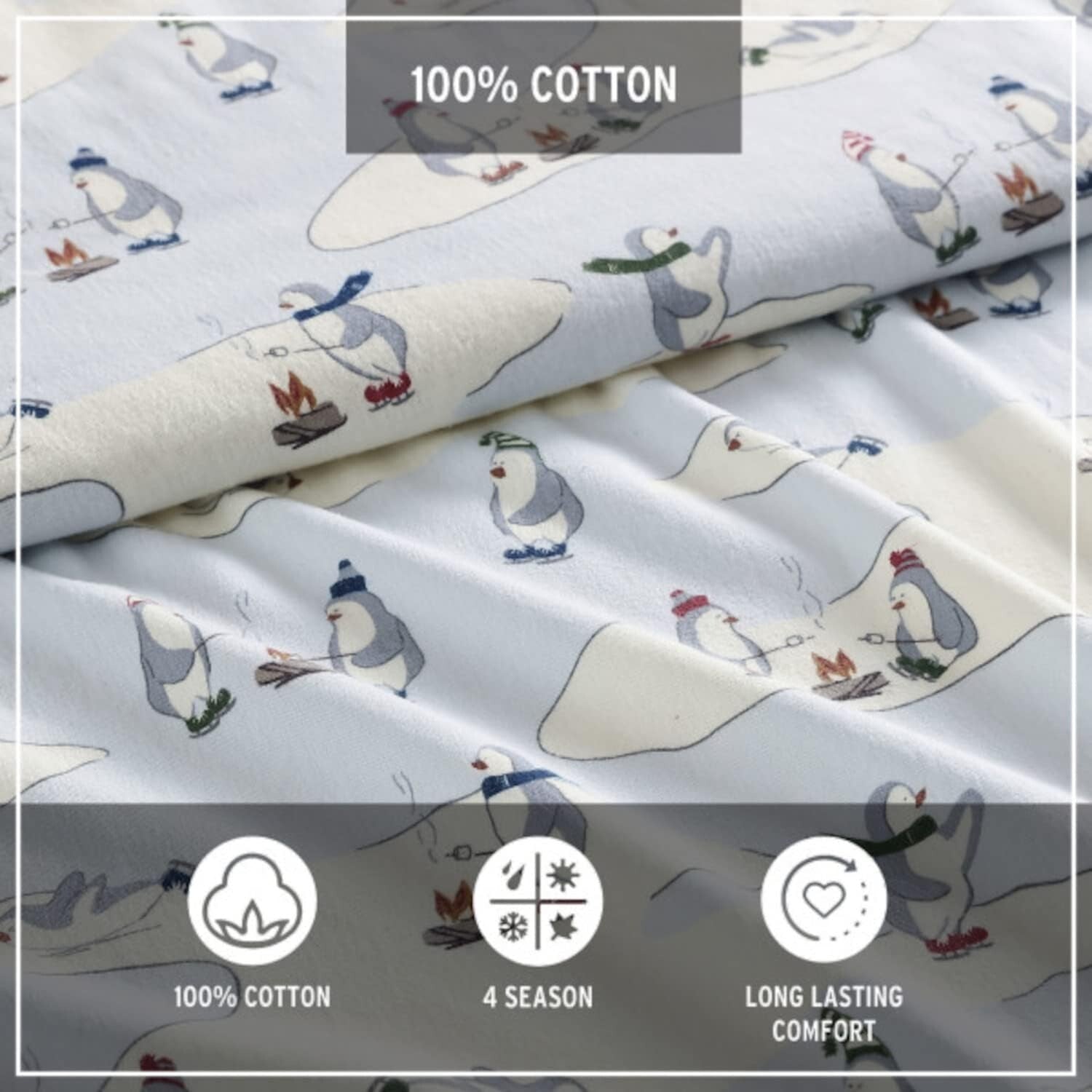Soft Brushed Cotton Flannel Twin Bedding Set - Skating Penguin Print