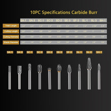Load image into Gallery viewer, Versatile 10pc Carbide Rotary Burr Set - Ideal for Wood, Metal &amp; Jewelry Making