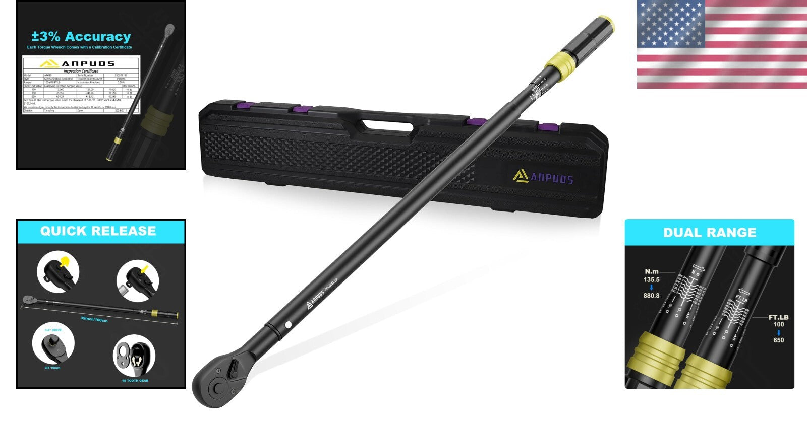 Durable Chrome Vanadium Steel Torque Wrench, 100-650 Ft-Lb, Dual-Direction Use