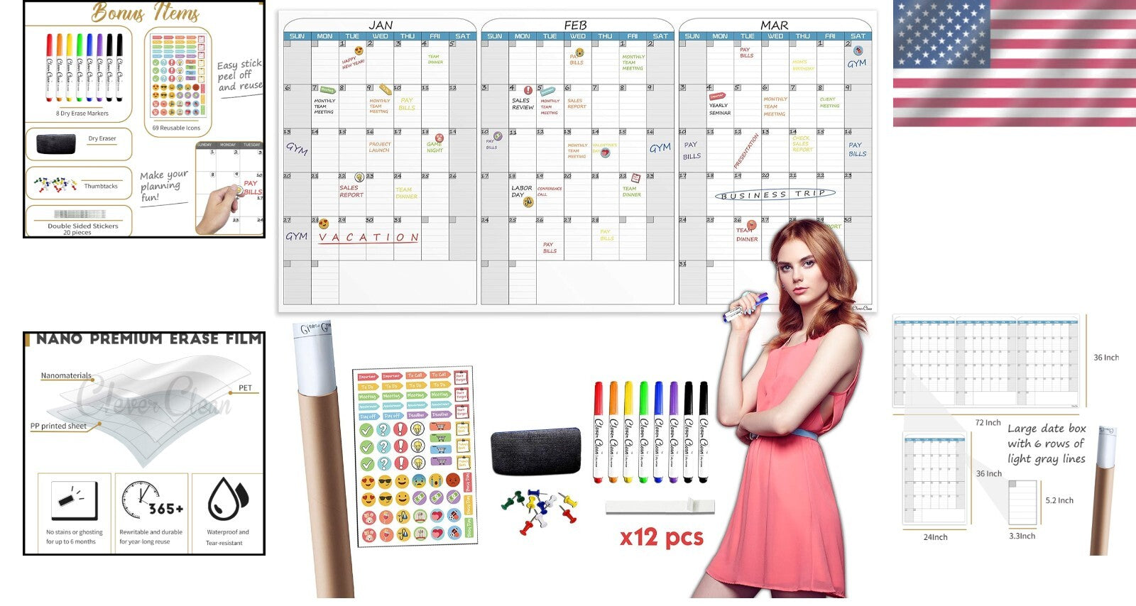 Extra Large 36"x72" Dry Erase Wall Calendar - 3-Month Organizer for Home/Office