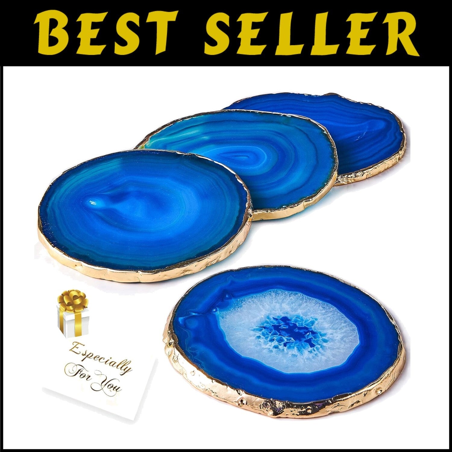 Natural Blue Agate Drink Coasters Set of 4 with Gold Rim - Perfect Gift Choice