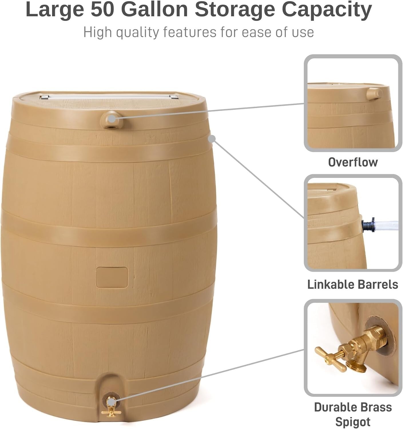 Eco-Friendly 50-Gallon Rain Barrel with Brass Spigot for Garden Irrigation