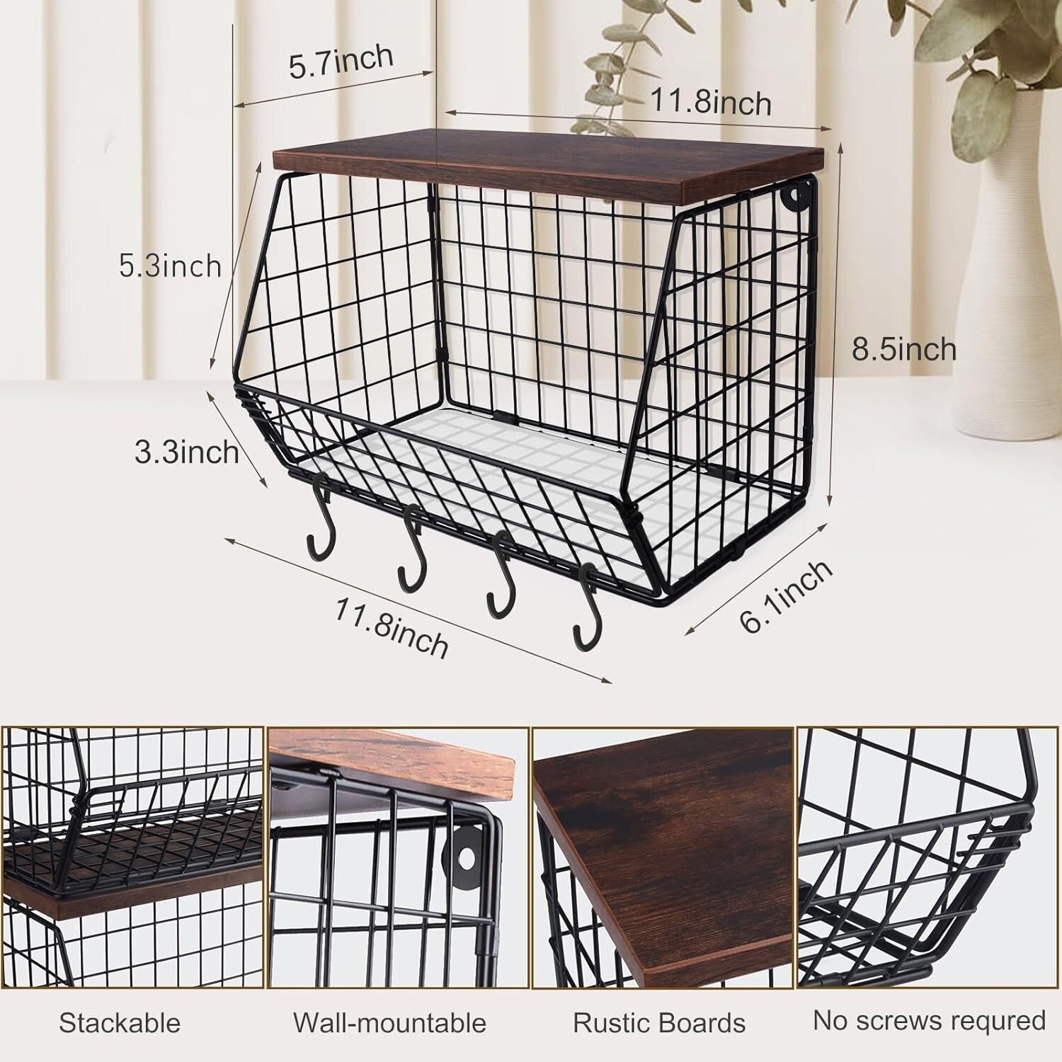 Elegant Kitchen Organizer: Metal Fruit Basket with Wooden Lid & Banana Hangers