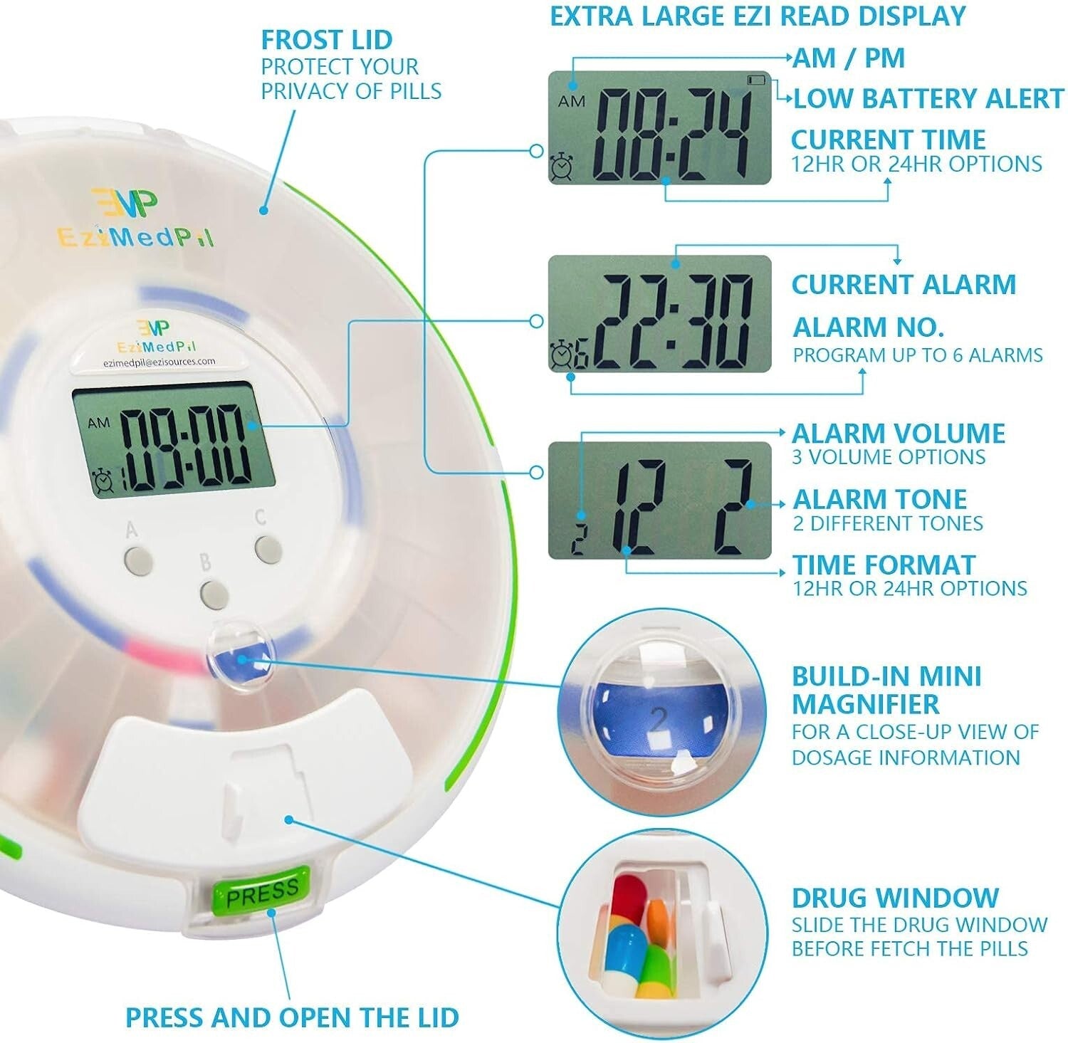 Secure Automatic Pill Dispenser with 6 Alarms and Large LCD - Caregiver's Aid