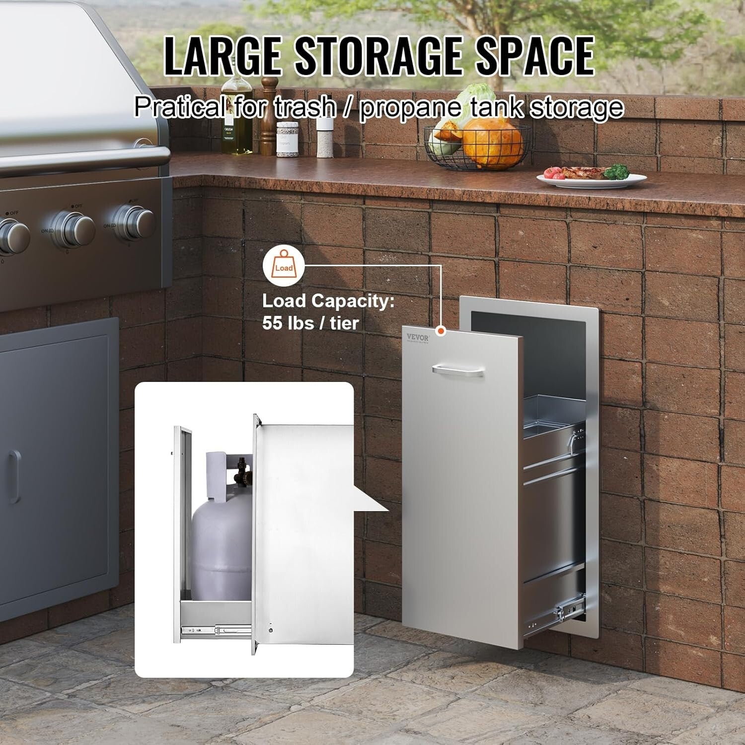 13.4"W Outdoor Kitchen Trash Bin - Durable Stainless Steel with Silent Rails