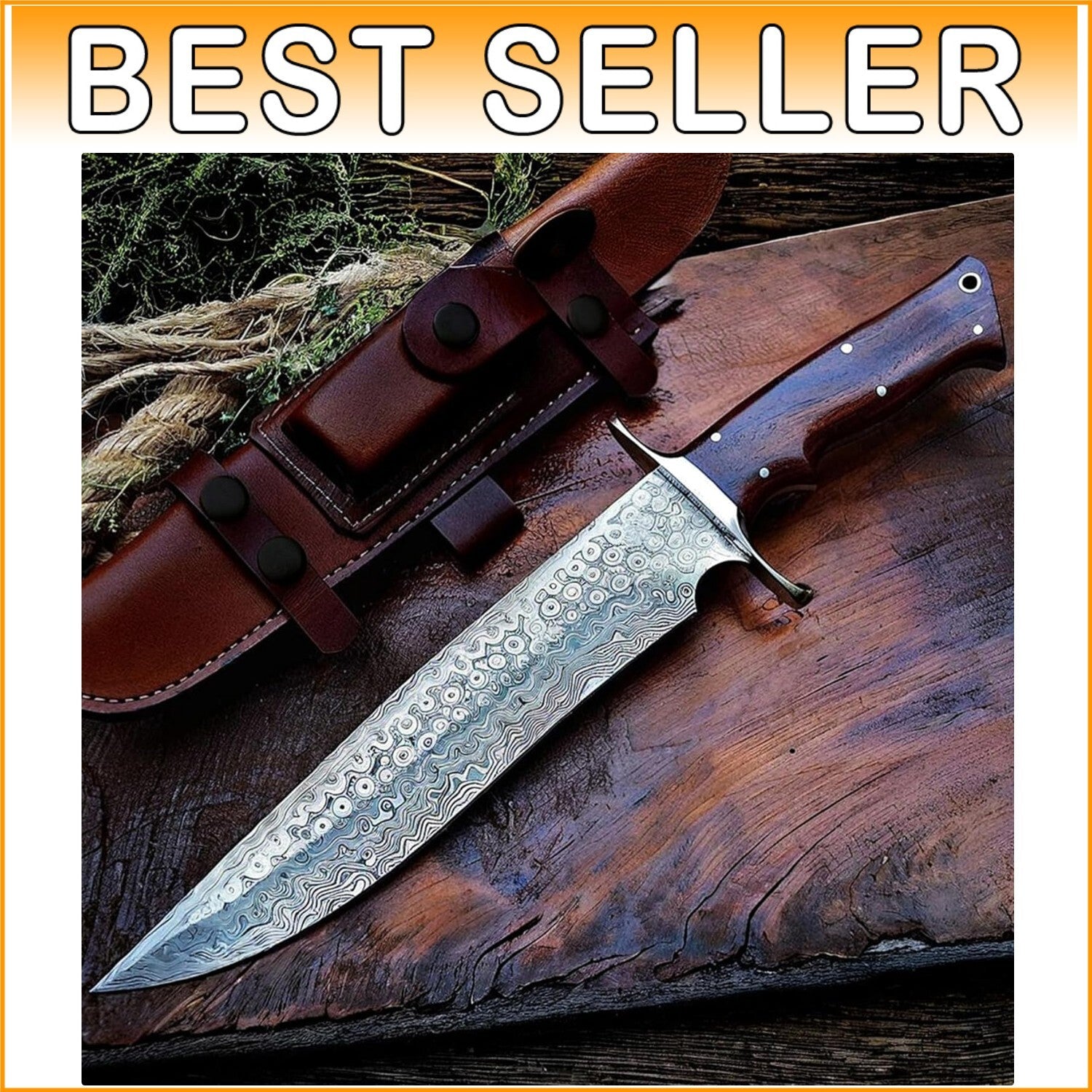 Damascus Steel Hunting Knife with Ergonomic Walnut Handle & Leather Sheath
