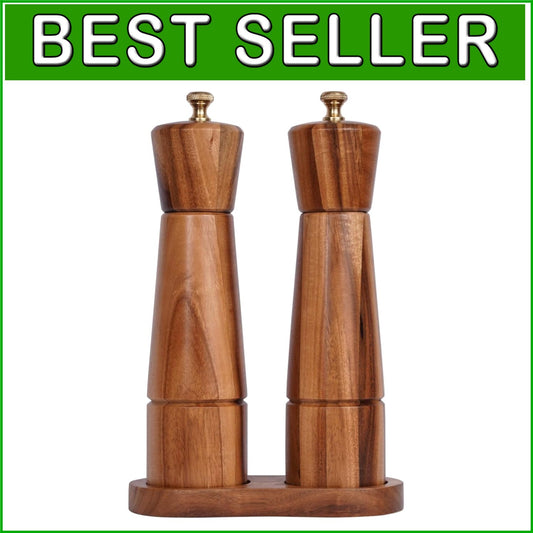 Elegant Salt & Pepper Mill Set with Tray - Adjustable Acacia Wood Grinders