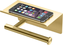 Load image into Gallery viewer, Modern Brushed Brass Toilet Paper Holder with Mobile Shelf for Elegant Bathrooms