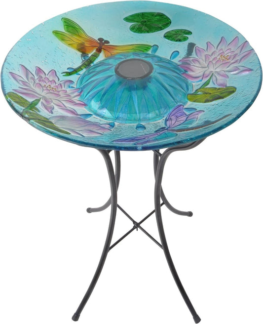 Elegant Handpainted Dragonfly Birdbath with Solar LEDs - 21" Garden Centerpiece