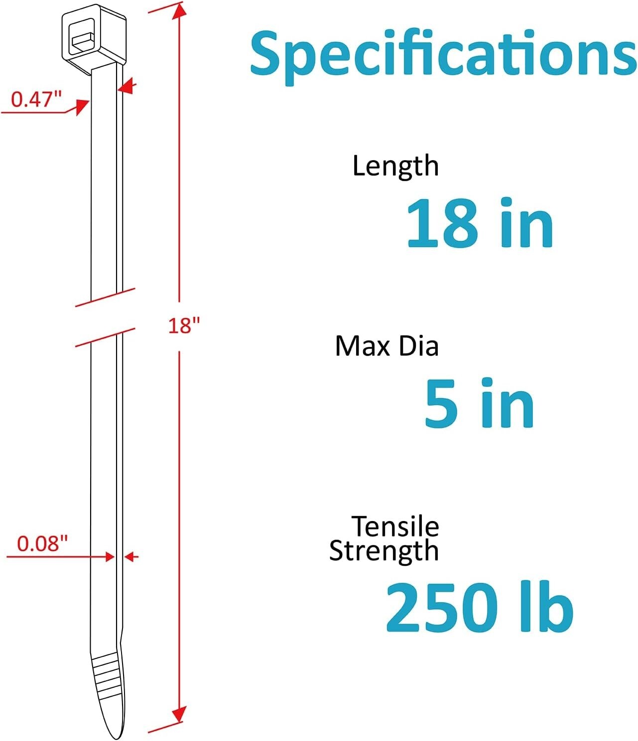 Black 18 Inch Zip Ties 250 Pack - Ultimate Strength, Indoor/Outdoor Use