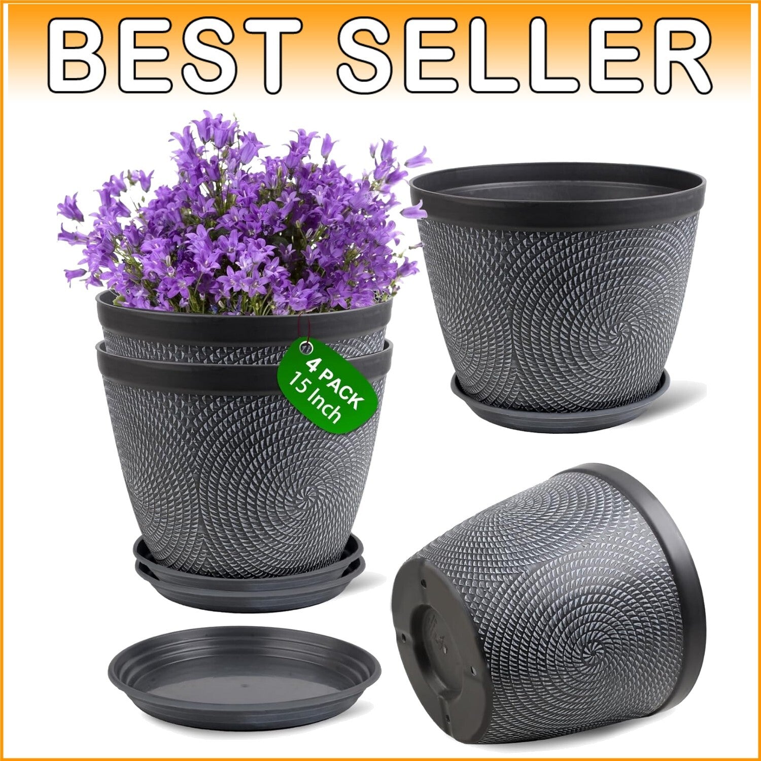15-Inch Stylish Gray Planters with Trays - Perfect for Indoor & Outdoor Plants