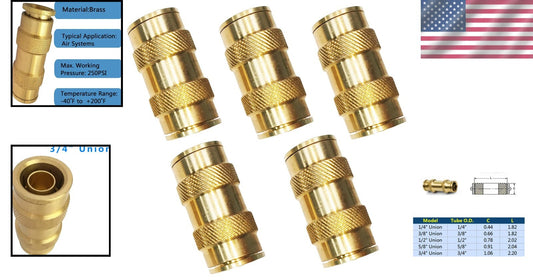 3/4 Inch Brass Push Connect Fittings - Complete 5-Piece Set for Pneumatics