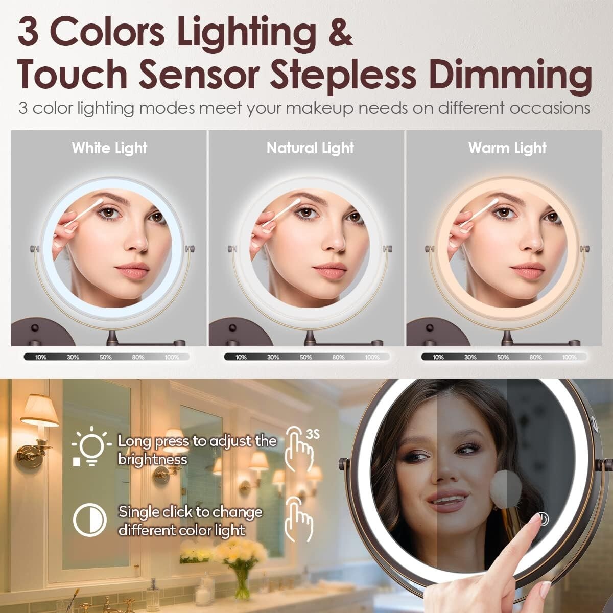 Stylish 360° Swivel LED Makeup Mirror with 1X/10X Magnification for Easy Viewing