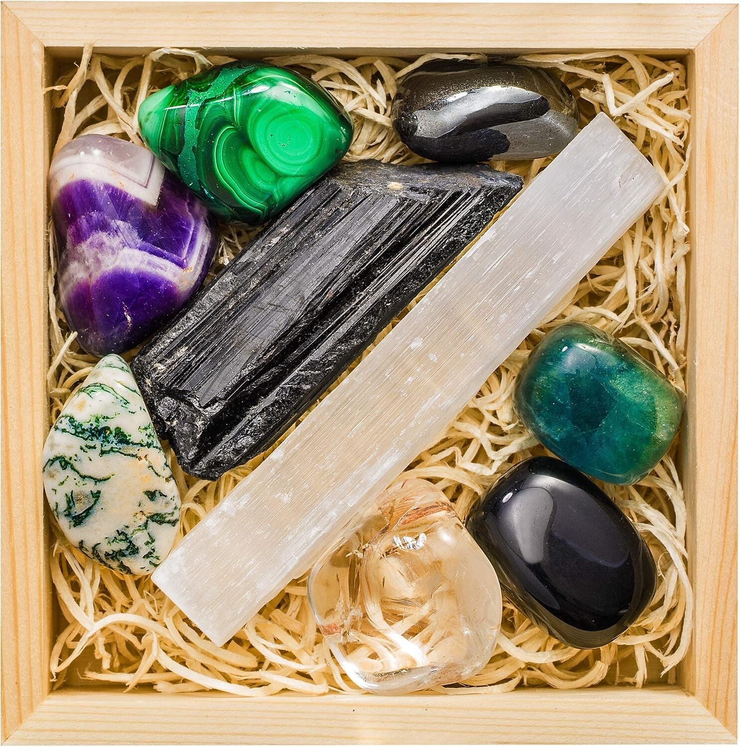 7 High-Grade Healing Stones with Wooden Display Box & Info Guide - Perfect Gift