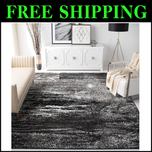 Modern Abstract Area Rug 9' x 12' - Silver & Black, Stain Resistant Elegance