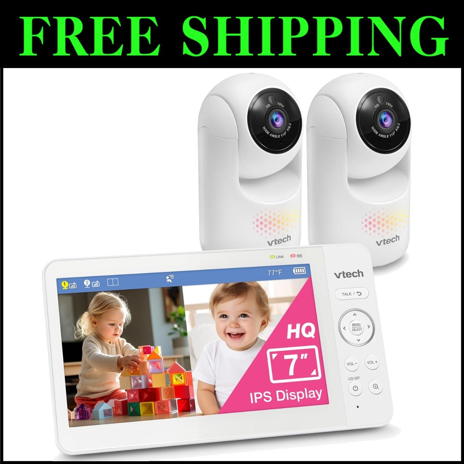 7" Digital Video Baby Monitor with Two Cameras & Pan Tilt Zoom - HQ Quality