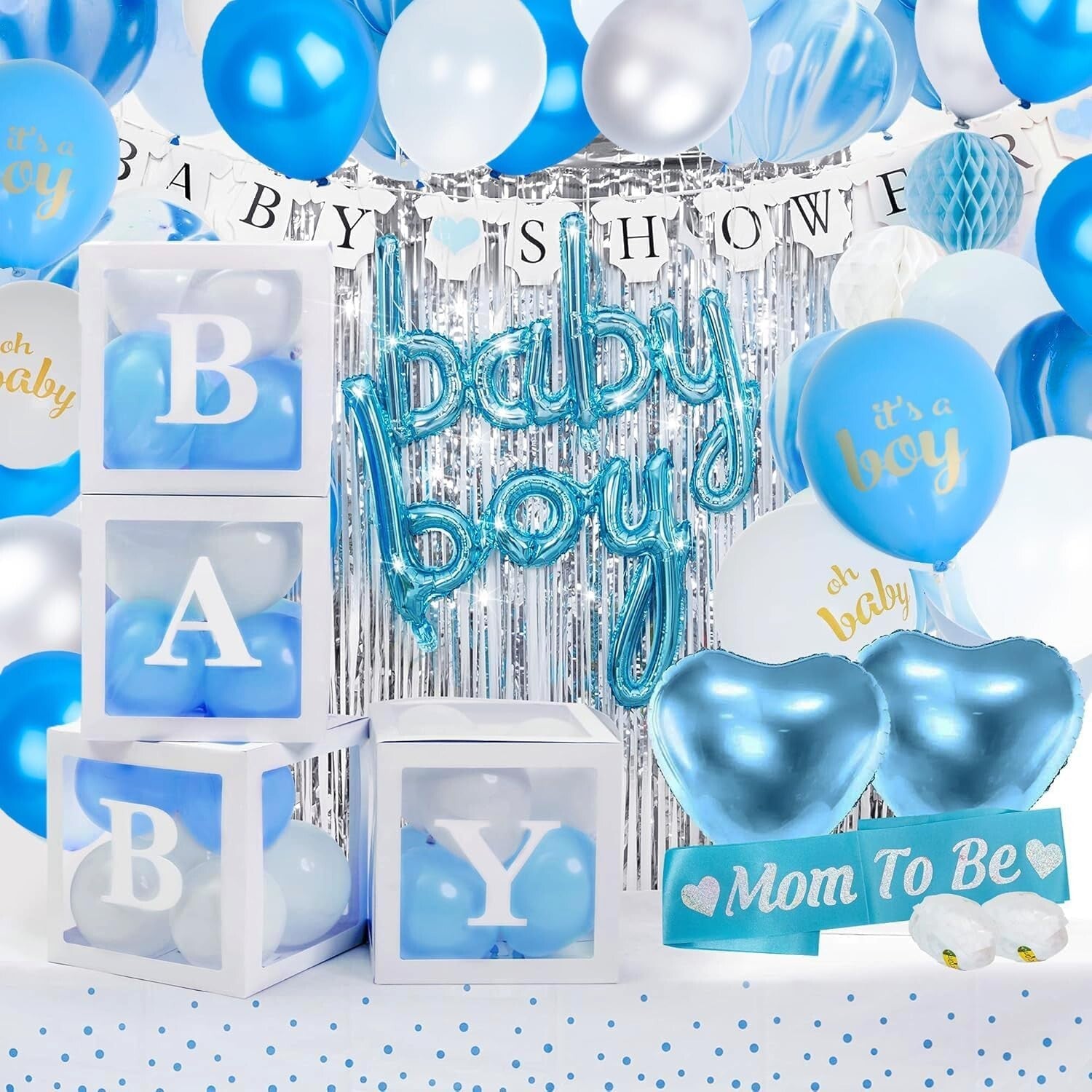 Complete Baby Boy Shower Decoration Kit - Balloon Arch, Centerpieces & More
