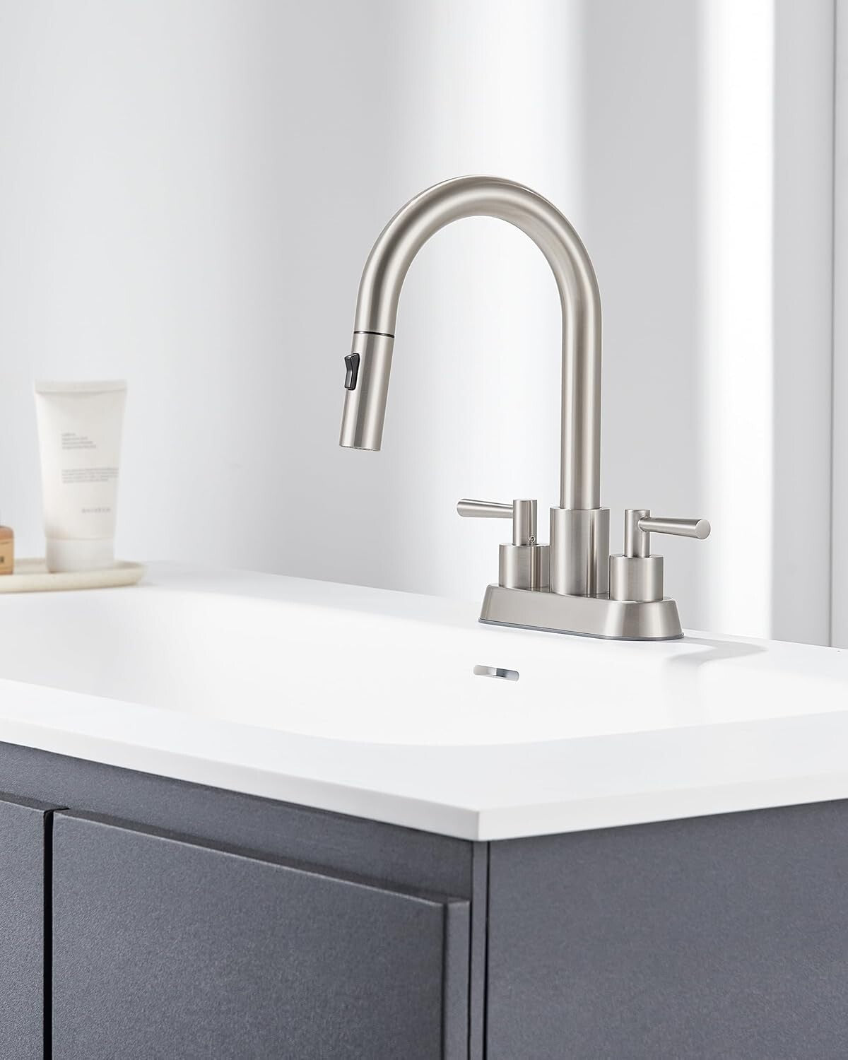 Elegant 4-Inch Centerset Bathroom Faucet with Dual Handles & Easy Drain Assembly