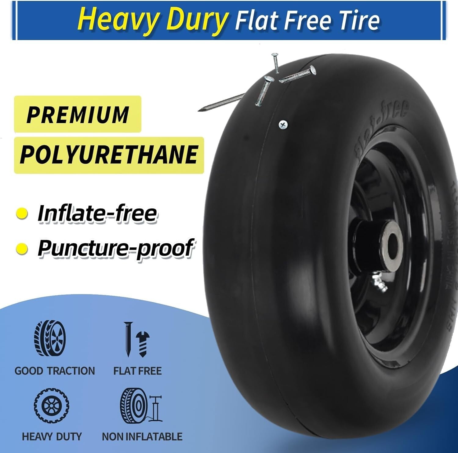 All-Season Flat Free Lawn Mower Tire Wheel with Adjustable Bushings, 2 Pack