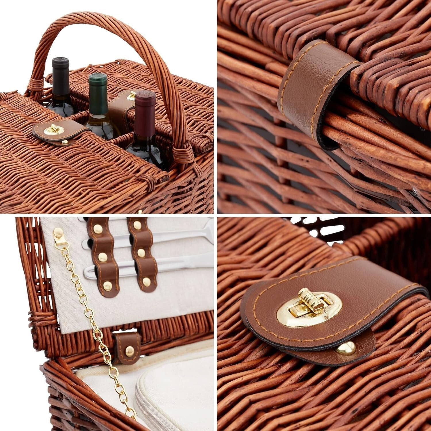 Essential Rustic Wicker Picnic Set for 4 with Insulated Cooler & Glasses