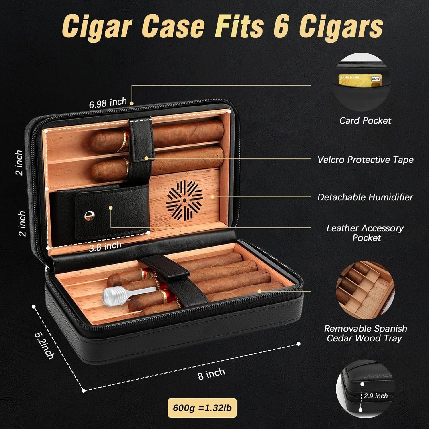 Elegant Leather Cigar Humidor - Portable Cedar Wood Travel Case with Cutter